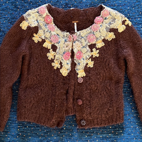 Free People Cottagecore Brown Cardigan with Floral beading and lace Embroidery - Picture 3 of 13
